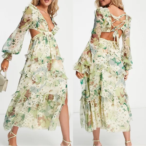 NWT ASOS DESIGN Tiered Ruffle Floral Strappy Lace Up Back Midi Dress ~ 6💛 - Image 17