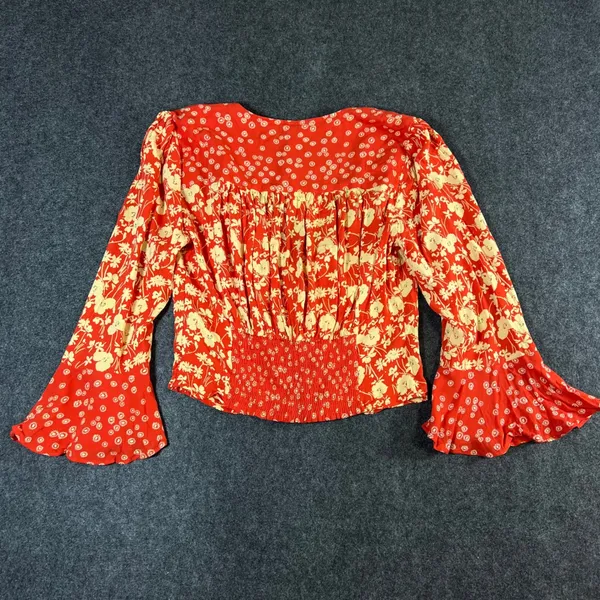 Free People Red Floral Mixed Print Blouse Flared Sleeve Smocked Back L Boho NWT - Image 2
