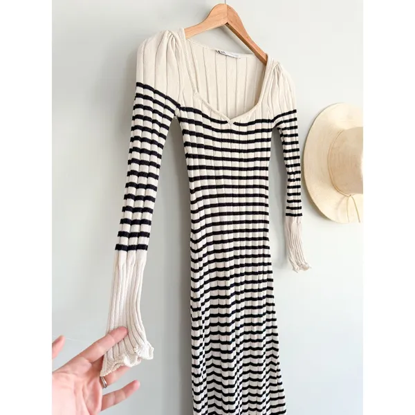 Zara | Striped Ribbed Knit Midi Dress Scalloped‎ Hem| Sz XS - Image 3