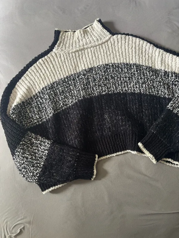 Free People Black & White Textured Turtleneck Sweater - Image 3