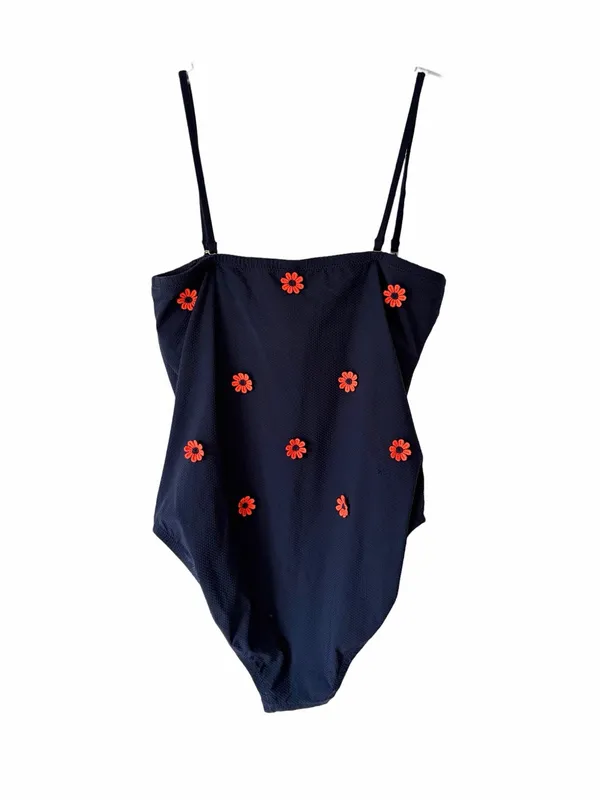 J. Crew Navy Blue Strapless Daisy Appliqué Swimsuit size 6 Textured Removable - Image 3