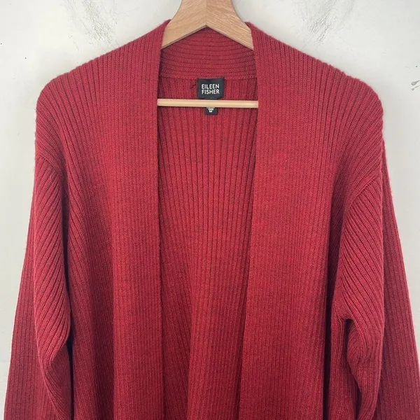 Eileen Fisher Open Front Ribbed Cardigan Sweater 100% Merino Wool Deep Red Med - Image 2