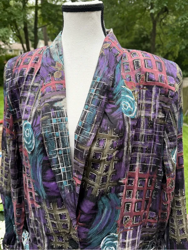 Blazer Glory VTG Purple Blue Black Floral Rayon/Acetate Blazer Sz S 9654 - Image 3