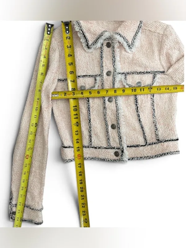 Veronica Beard Cotton Blend Pale Pink Tweed Fringed Blazer with Gray Trim S XS - Image 15