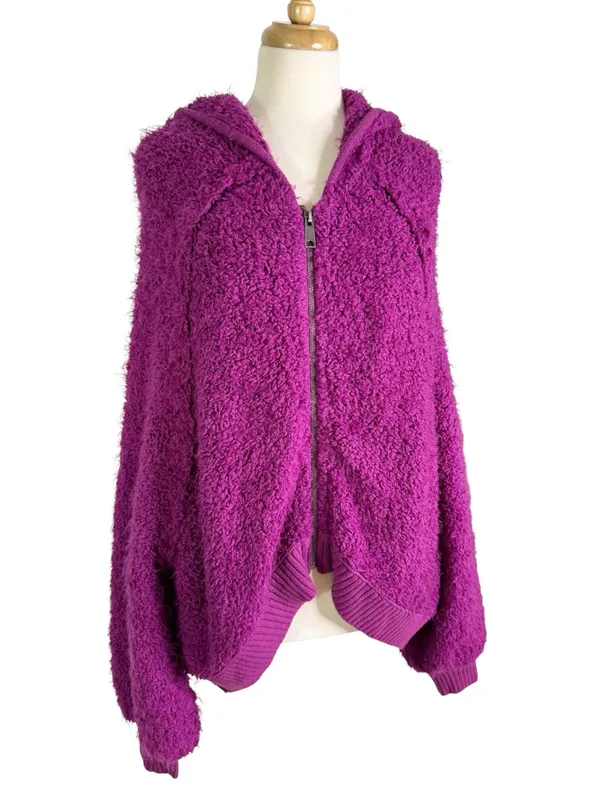 Free People Furry Time Fuchsia Hooded Zip Jacket Fuzzy Boucle Size M - Image 5