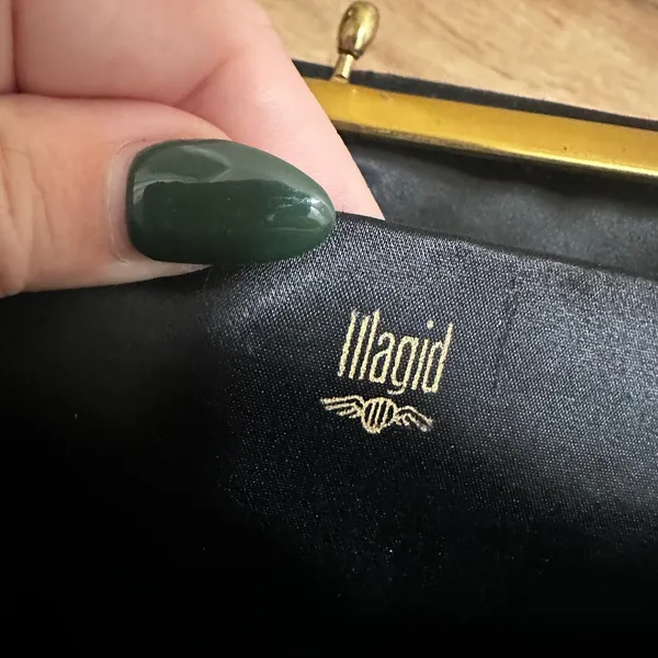 Magid | Vintage‎ Black Satin Clutch Rhinestone Kiss Lock Gold Frame Bag Purse - Image 6