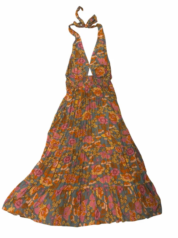 ZESICA Boho Retro Floral Halter Maxi Dress Pink Orange Tiered Sun Dress Large - Image 13