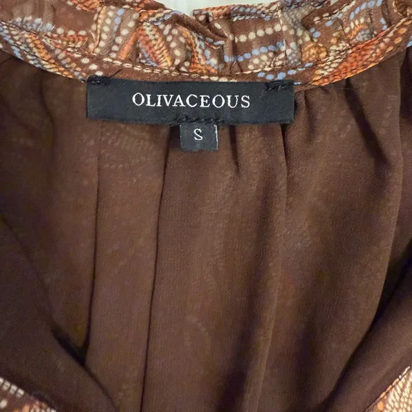 Olivaceous Brown, Blue and Tan Dress with Elastic Waist and Tiered Small - Image 5