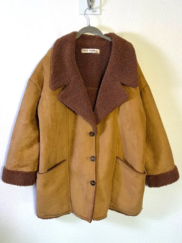 Free People Western Bohemian Retro 70s Faux Sherpa Suede Diogo Coat Size Large - Image 5