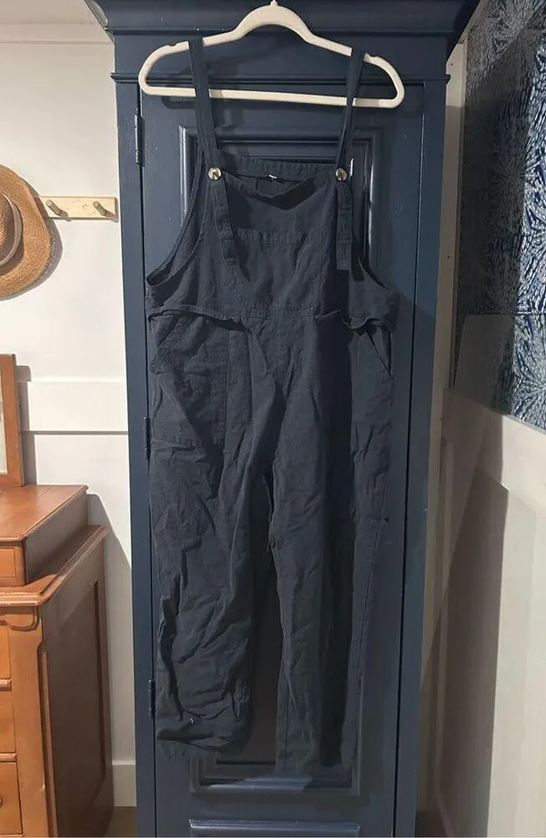 NEW Blue Linen blend Loose Bib Pants Overalls Jumpsuits Pockets M - Image 3