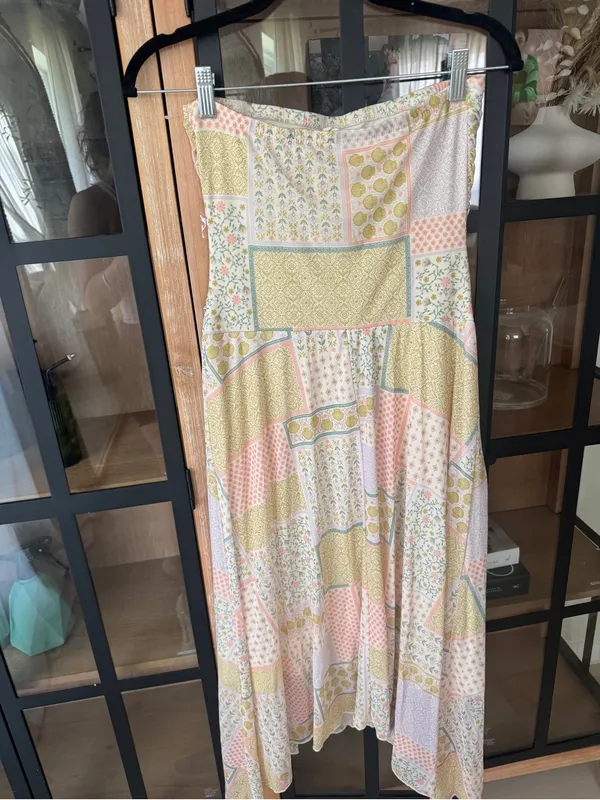 See You Monday patchwork dress midi fairy ruched stretchy pastel boho strapless - Image 5