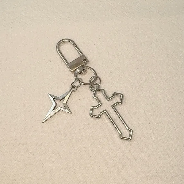 Cross Star Keychain Charm for Men Women Car Keychain Key Ring Bag Charm Silver - Image 2