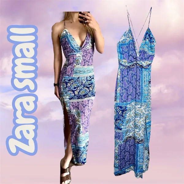 ZARA WOMAN PATCHWORK PRINT LINEN MAXI DRESS Twist Cross-BACK Size S High Slit - Image 2
