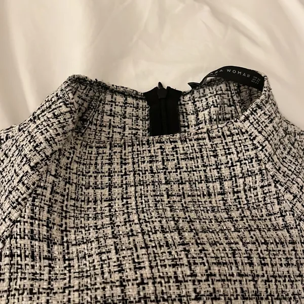 Zara | Tweed 3/4 Sleeve Blouse Black White XS Mock neck - Image 4