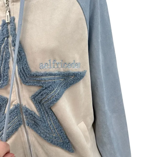 Aelfric Eden‎ Star Patchwork Zip Hoodie Blue Beige Suede Streetwear Size Medium - Image 7