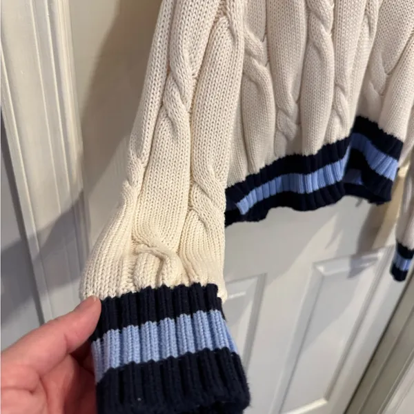aerie Cream Cable-Knit V-Neck Sweater with Blue and Black Trim - Image 3