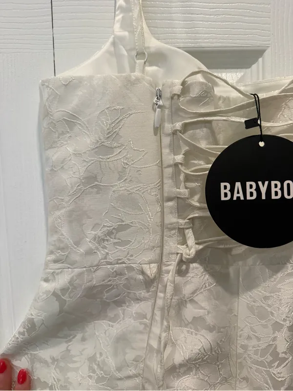 Babyboo Orla Mini Dress - Ivory. Square-Neck White Jacquard A-Line Wedding Dress - Image 7