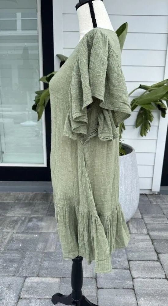 ZARA Cotton Ruffle Flutter Sleeve Mini Dress Natural Boho Khaki Travel Vacation XL - Image 2