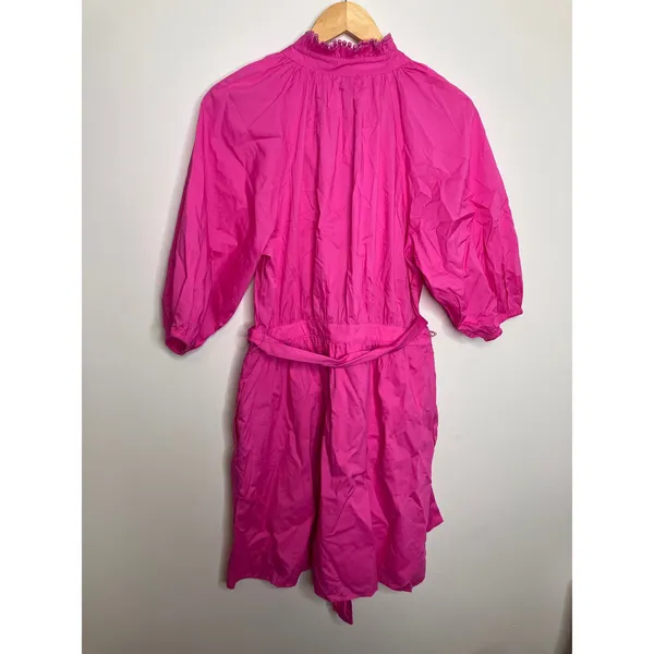 Ann Taylor Shirt Dress Womens 12 Pink Excellent Pom Ruffle Puff Sleeve Belted - Image 10