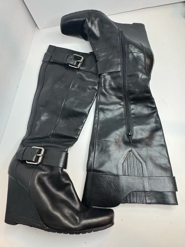 Nine West Niolia Black Leather Wedge Knee High Boots Womens Size 9 M - Image 5