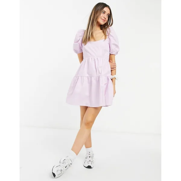 BARDOT Lavender Puff Sleeve Tiered‎ Mini Dress Open Back Wedding Guest Size 6 SM - Image 4