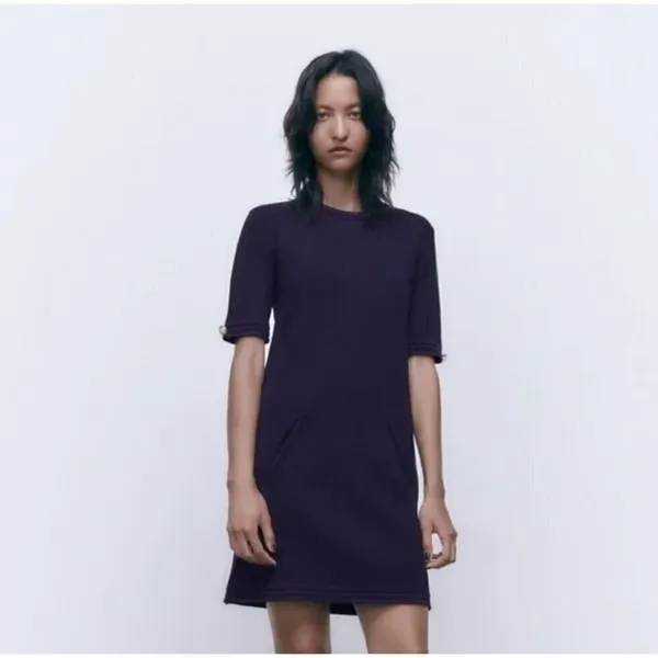 Zara Knit Navy Blue Mini Dress with Gold Buttons L 90s Minimalist Quiet Luxury - Image 2