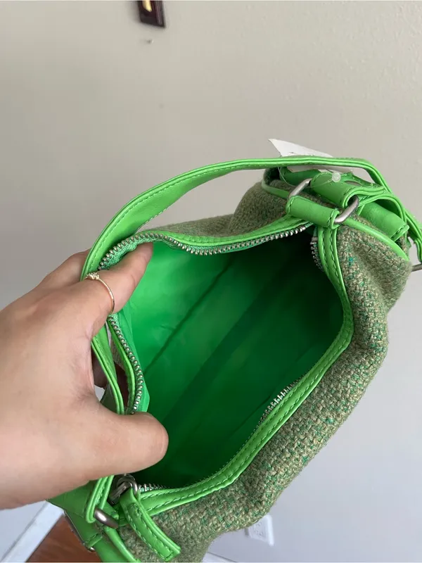 Green Tweed Shoulder Bag with Lime Trim - Image 5