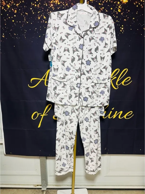 Kumari Womens Large 3 Piece Pajama Set Cat Print Button Top Shorts Pants PJs - Image 2