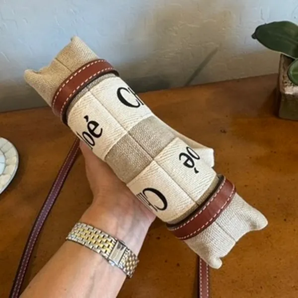 Chloé Mini Woody Tote White Brown Linen Canvas - Image 6