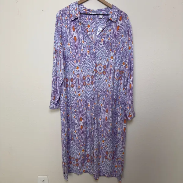 NEW Canyon Retreat‎ Women Messa Shirt Dress 1X Purple Ikat Paisley Purple Resort - Image 2