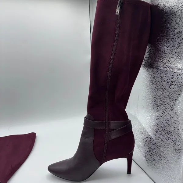 Calvin Klein Jemamine Wide‎ Calf Tall Boots Burgundy Suede Leather Heel Size 6.5 - Image 10