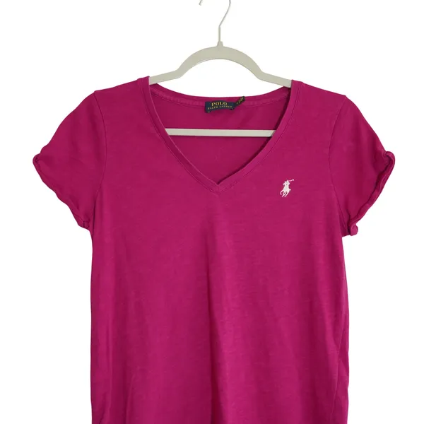 Polo Ralph Lauren Women's Small V-Neck T-Shirt Berry Pink Cotton Slub Pony Logo - Image 2