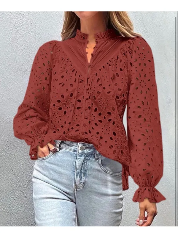 NEW Long Sleeve Button V Neck Hollow Out Lace Embroidered Shirt S - Image 3
