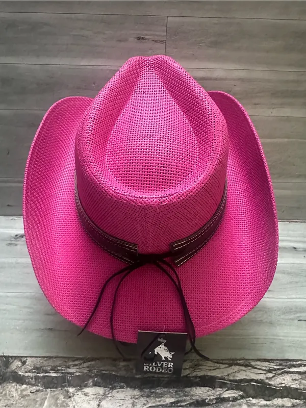 Silver Rodeo Women's Pink Straw Cowboy Hat with Studded Western Band - Image 3