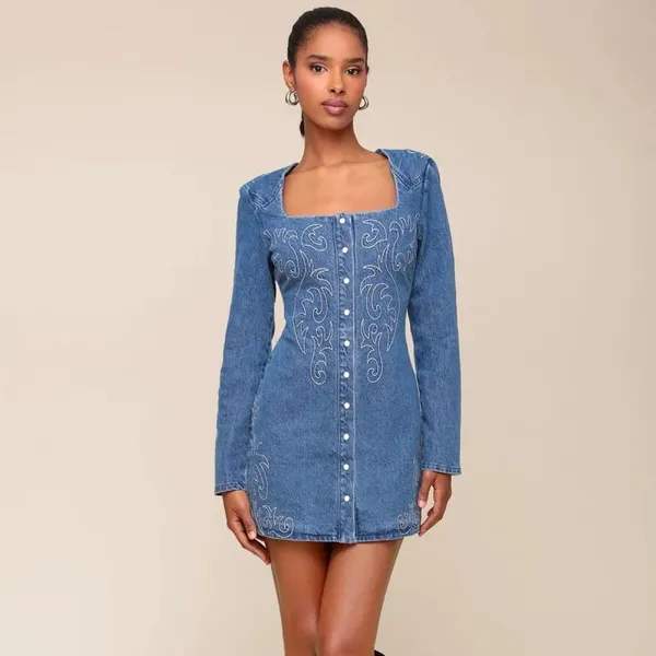 Avec Les Filles Western Embroidery Long Sleeve Straight Neck Denim Mini Dress - Image 6