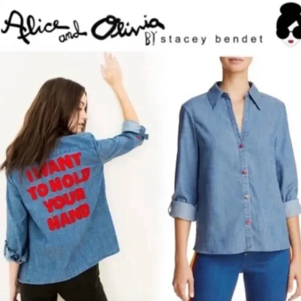 Alice + Olivia x The Beatles I Want to Hold Your Hand Chambray Top - Image 3