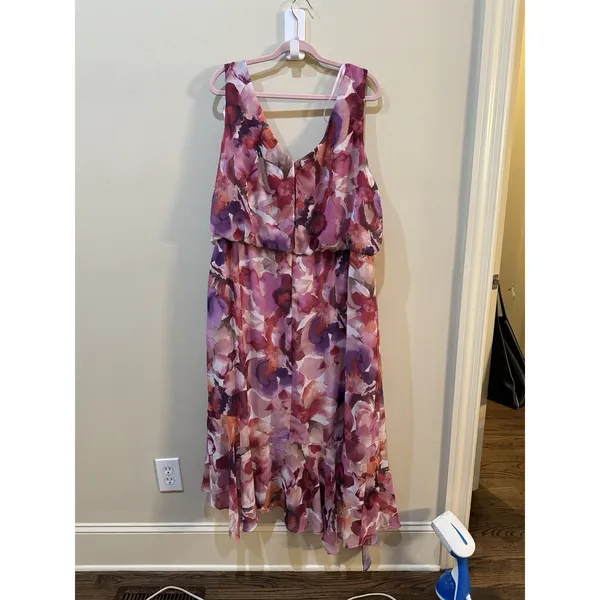 XSCAPE Women's Printed Chiffon High-Low Midi Dress Pink Floral Size 6 - Image 3