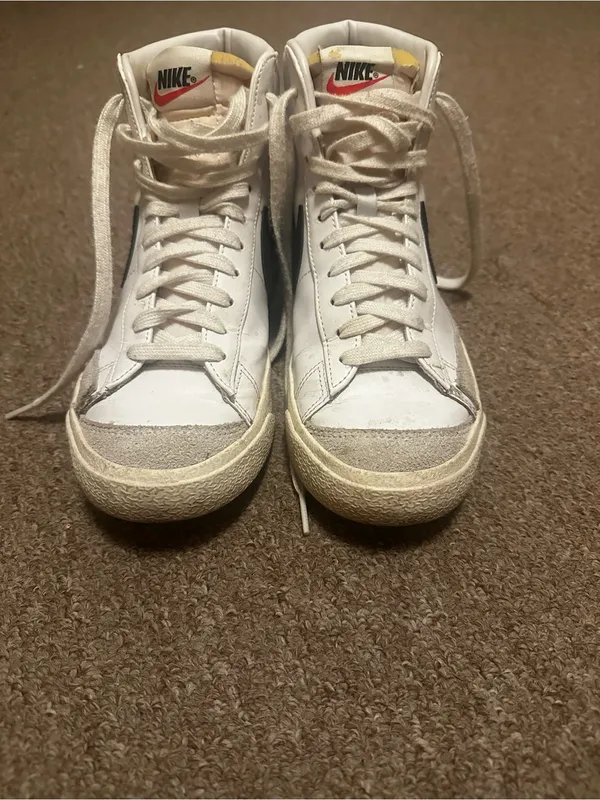 Nike White High-Top Sneakers with Black Swoosh and Yellow Tongue Tab - Image 2