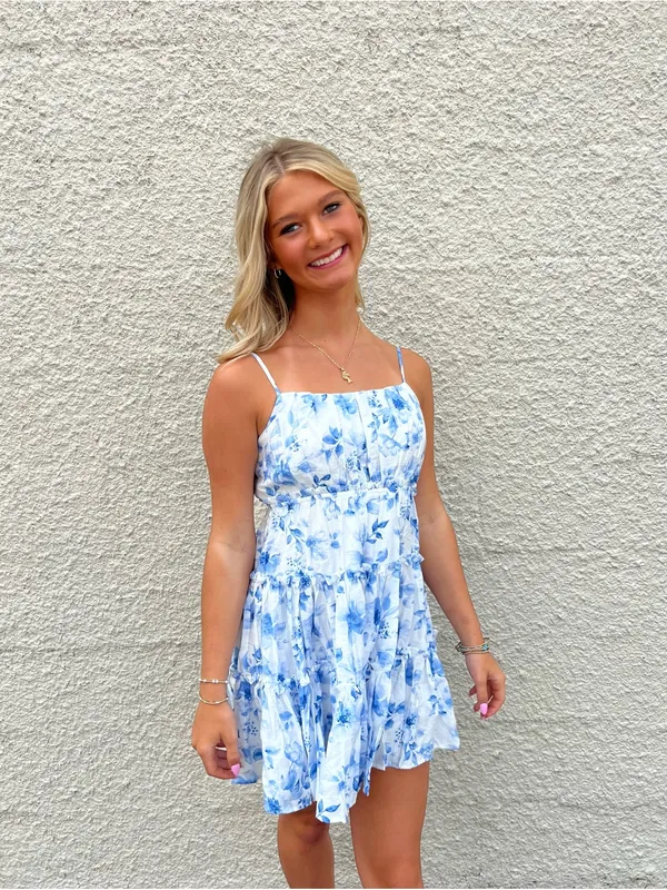 Floral Spaghetti Strap Tiered Back Tie Mini Dress Large - Image 2