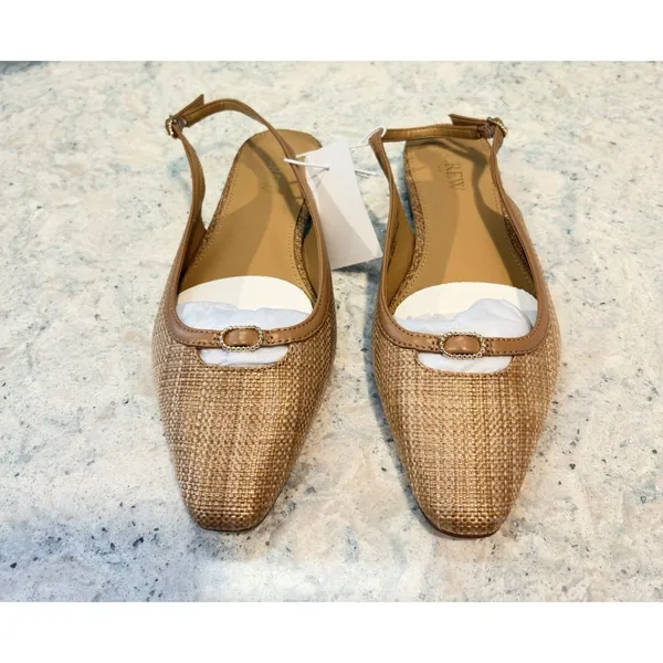 J CREW Woven slingback flats Natural Raffia Brown Leather Trim ‎ 7M NwT - Image 2