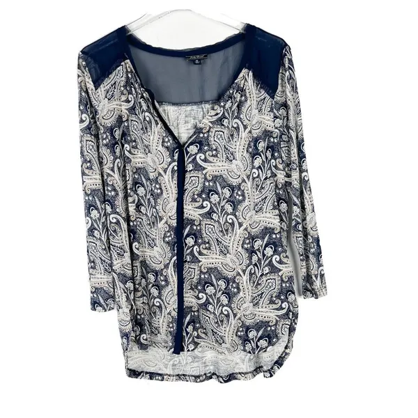 Lucky Brand Printed Woven Mix Top Button Front Navy Size Medium M EUC L1448 - Image 2
