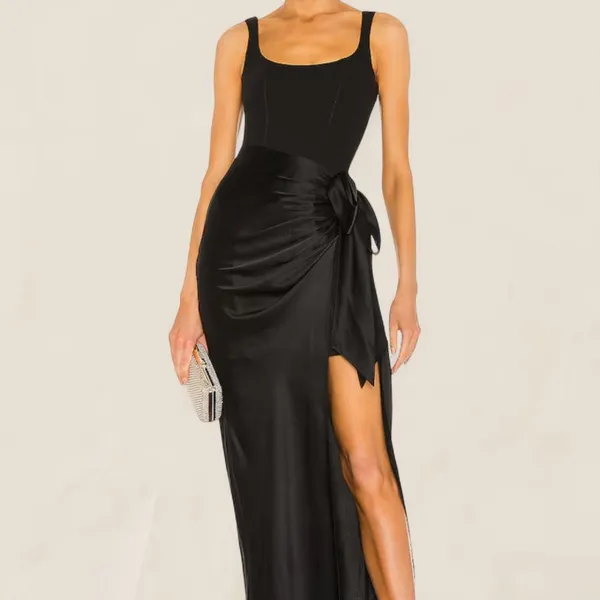 Mable silky draped bow side statement high slit maxi dress | small Black - Image 5