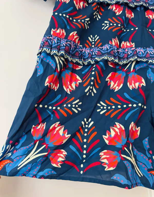 Farm Rio Puff-Sleeve Ruffled Floral Cotton Romper, Size S/M - Image 10