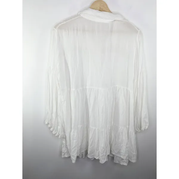 White Cotton Button Front‎ Tunic Boho Lace Eyelet Dress One Size Long Sleeve OS - Image 2