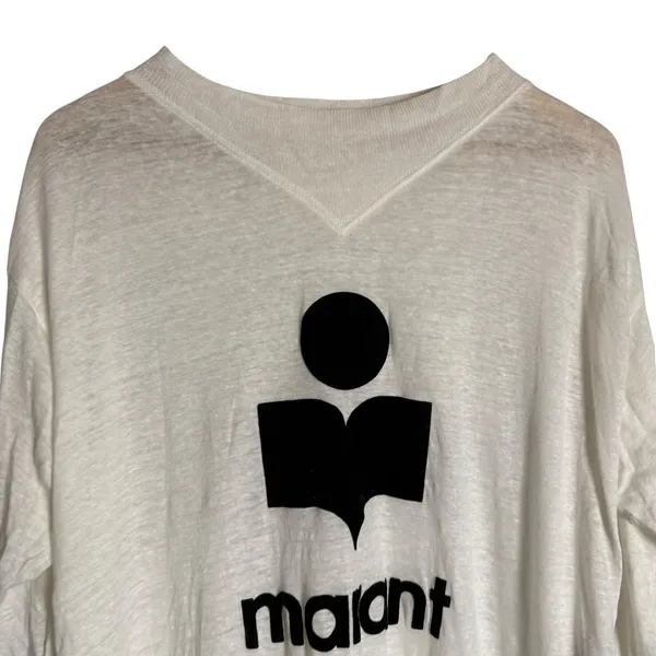 Isabel Marant White 100% Linen Graphic Logo Long Sleeve Knit Shirt Size Medium - Image 9