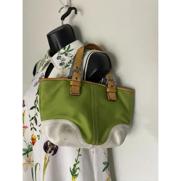 COACH Small Handbag Green White Tote Bag - Image 9