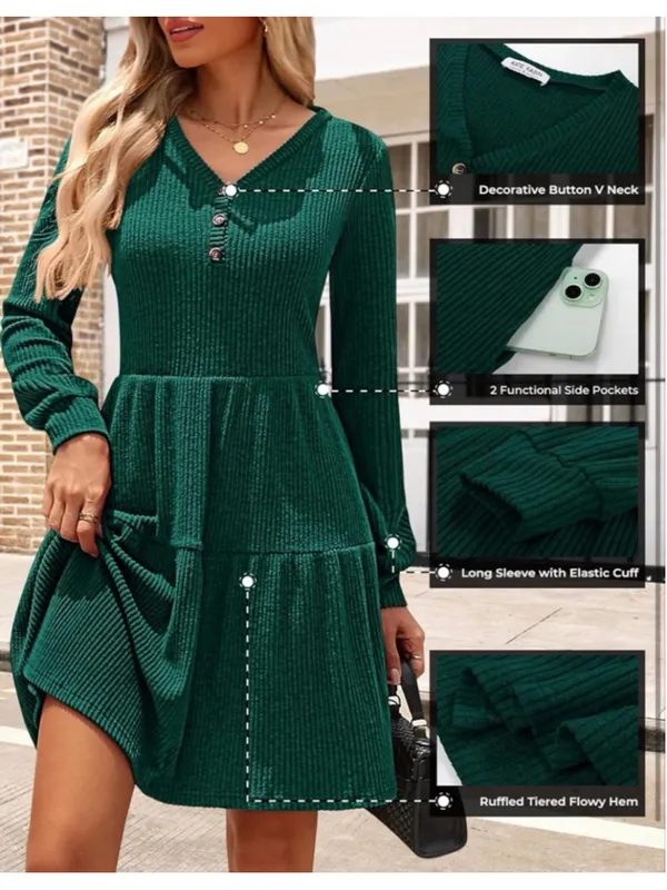 NEW Super Soft Long Sleeve Sweater Button V Neck Knit Ribbed Dress XL - Image 5