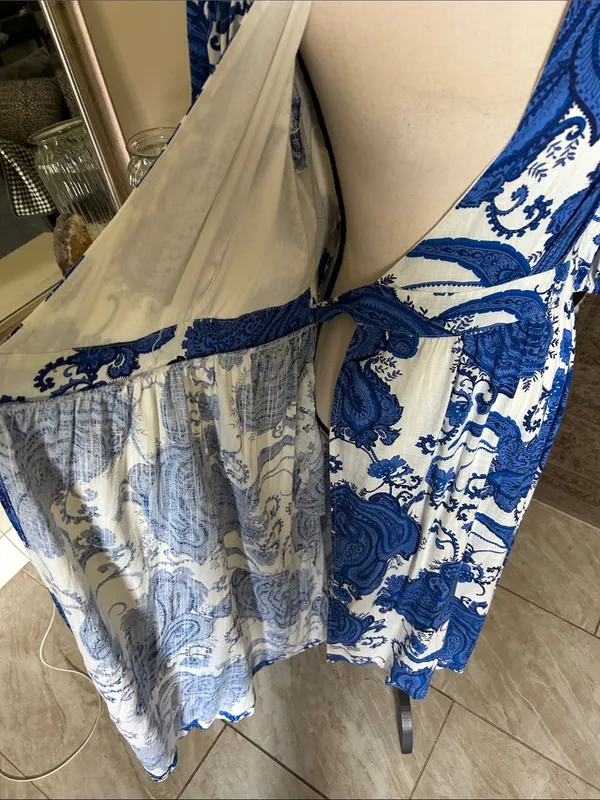 White closet elements white blue boho cottage paisley wrap Midi dress L - Image 12