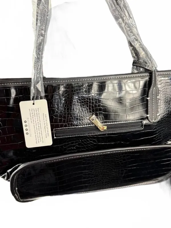 Black Croc Embossed Tote Bag with Zipper and Interior Pockets - Image 3
