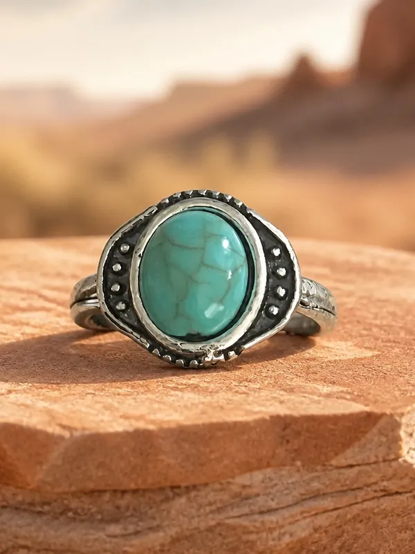 Turquoise Stone Silver-Tone Ladies Ring - Blue Size 8 - Image 3